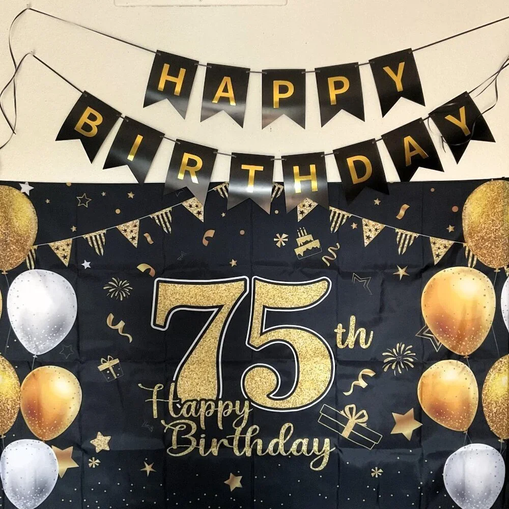 75TH HAPPY BIRTHDAY BACK DROP, BANNER, 8 TABLE DÉCOR 11 BALLOONS